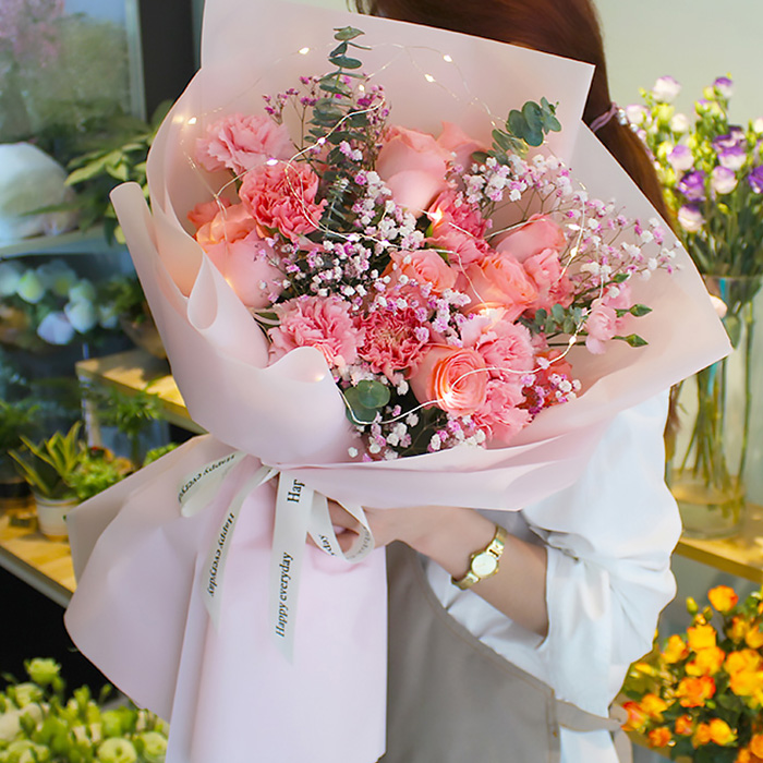 15 Pink Carnations & 6 Pink Roses Bouquet – Pink Wrap