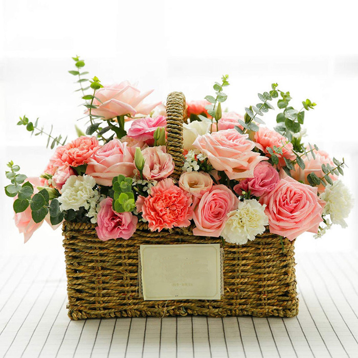 15 Pink Diana Roses, 7 Pink Carnations,  Lisianthus – Handled Flower Basket