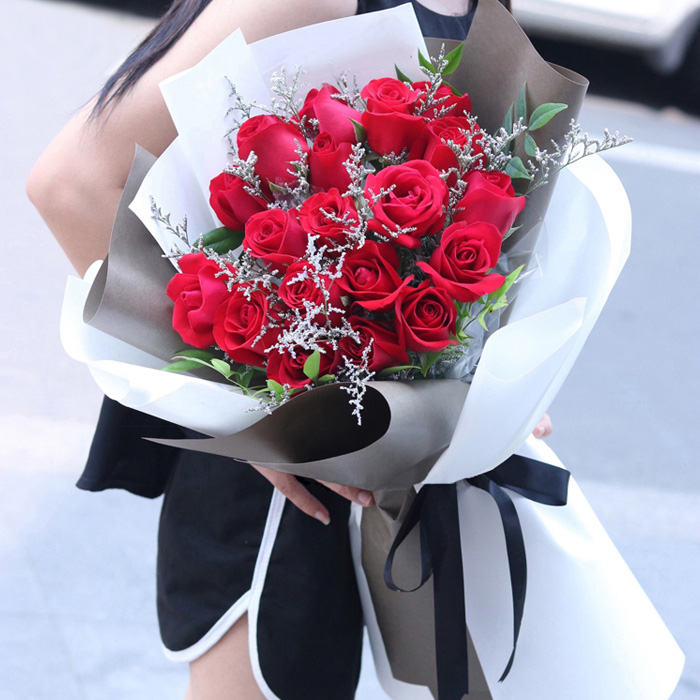 19 Red Roses with Gypsophila Bouquet