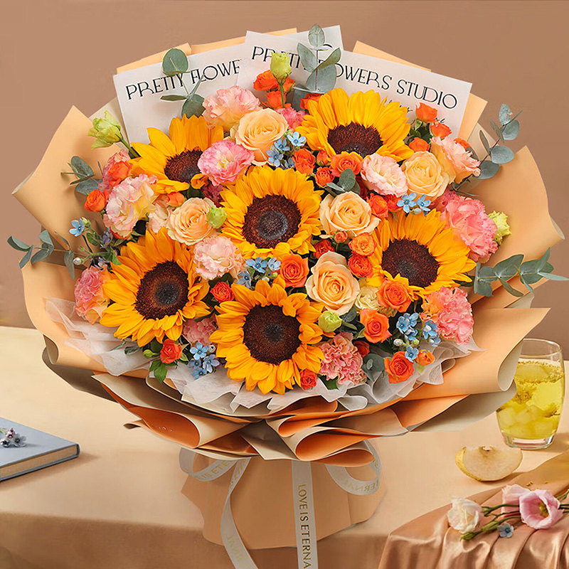 Stand by each other through thick and thin, 6 sunflowers, 6 carnations, 6 champagne roses - Send carnations to China