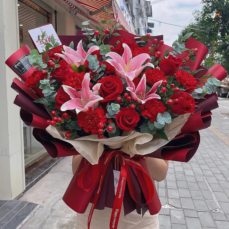 Grateful for Motherly Love - Mixed Bouquet of Carnations, Lilies, and Roses - Send carnations to China