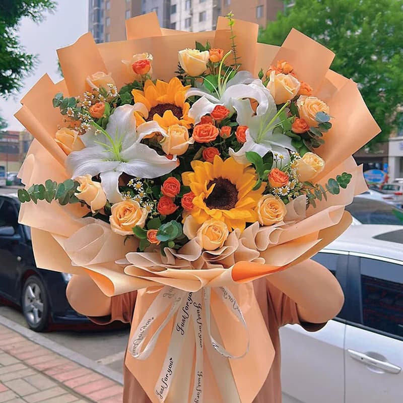 Star River is You -12 Champagne Roses, 3 White Lilies, 2 Sunflowers - Send business flowers to China