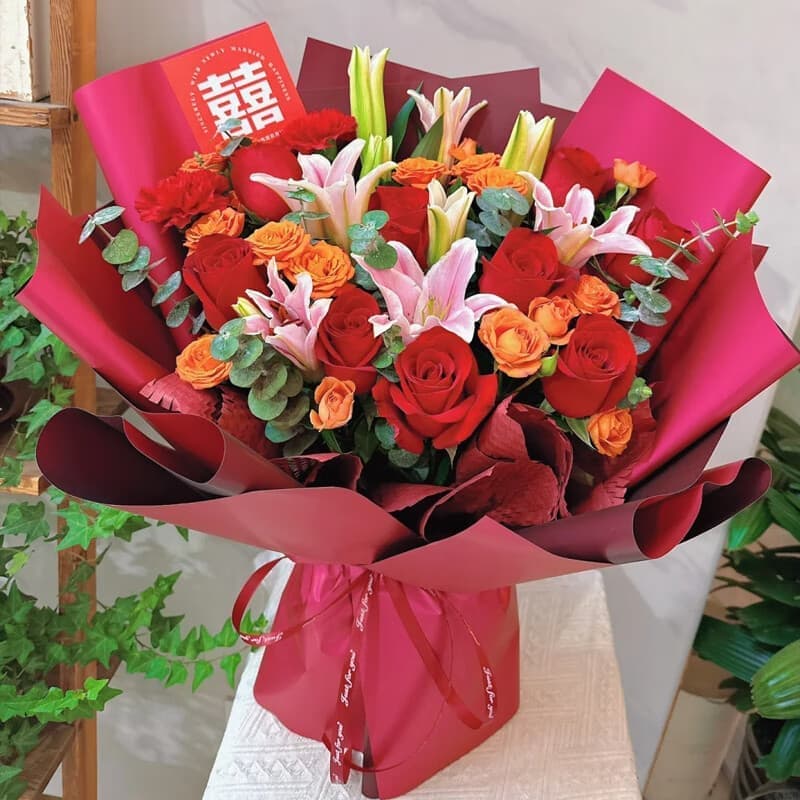 Enduring love, mixed bouquet of roses, carnations, and lilies - Send love flowers to China