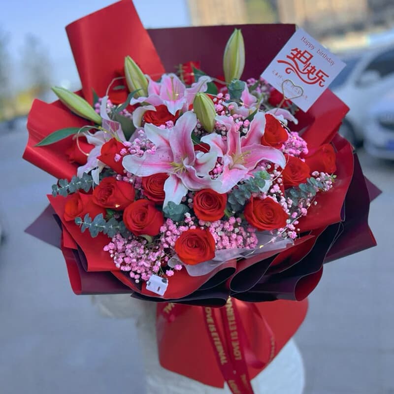 accompany you for a long time. 19 red roses, 9 pink lilies - Send love flowers to China